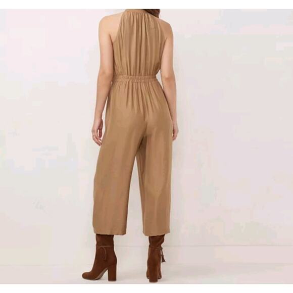 LC Lauren Conrad Small Tan Zippered Halter Ruffle Neck Crop Jumpsuit Pre Owned - Picture 3 of 9